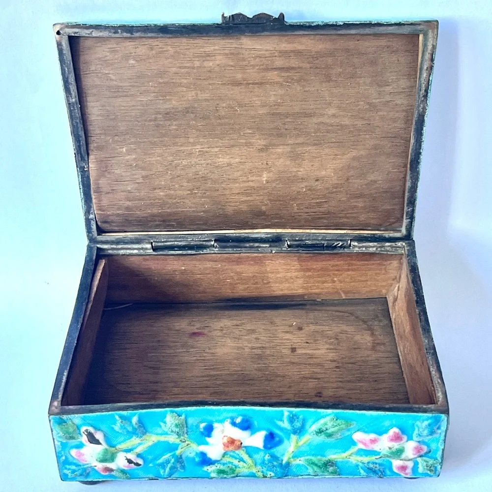 Antique Chinese Enamel Box Hand Painted Floral Cigarette Box Matchbook Holder
